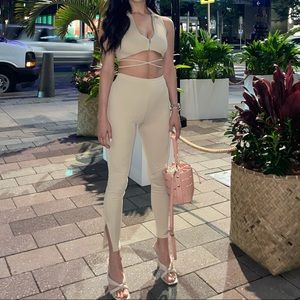 PLT Stone Collar Detail Tie Strap Split Hem Jumpsuit